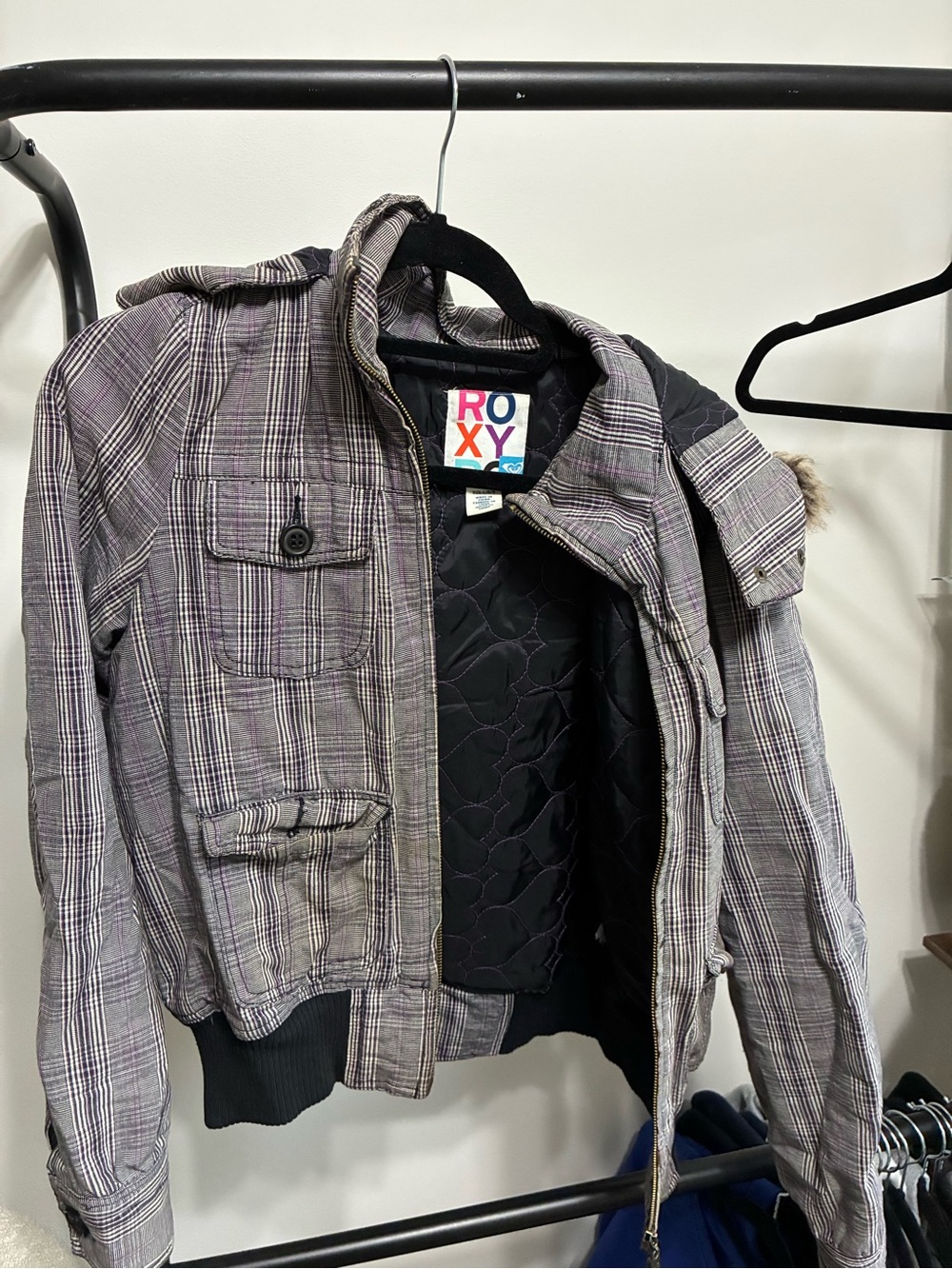 Roxy Women’s Plaid Bomber Jacket in Gray and Purple